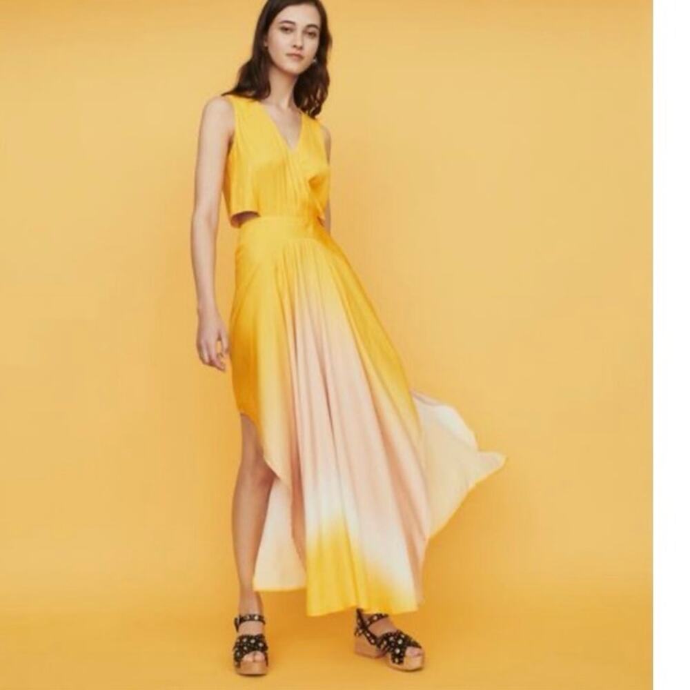 MAJE Resia tie-dye v-neck open back satin maxi dress yellow size 2